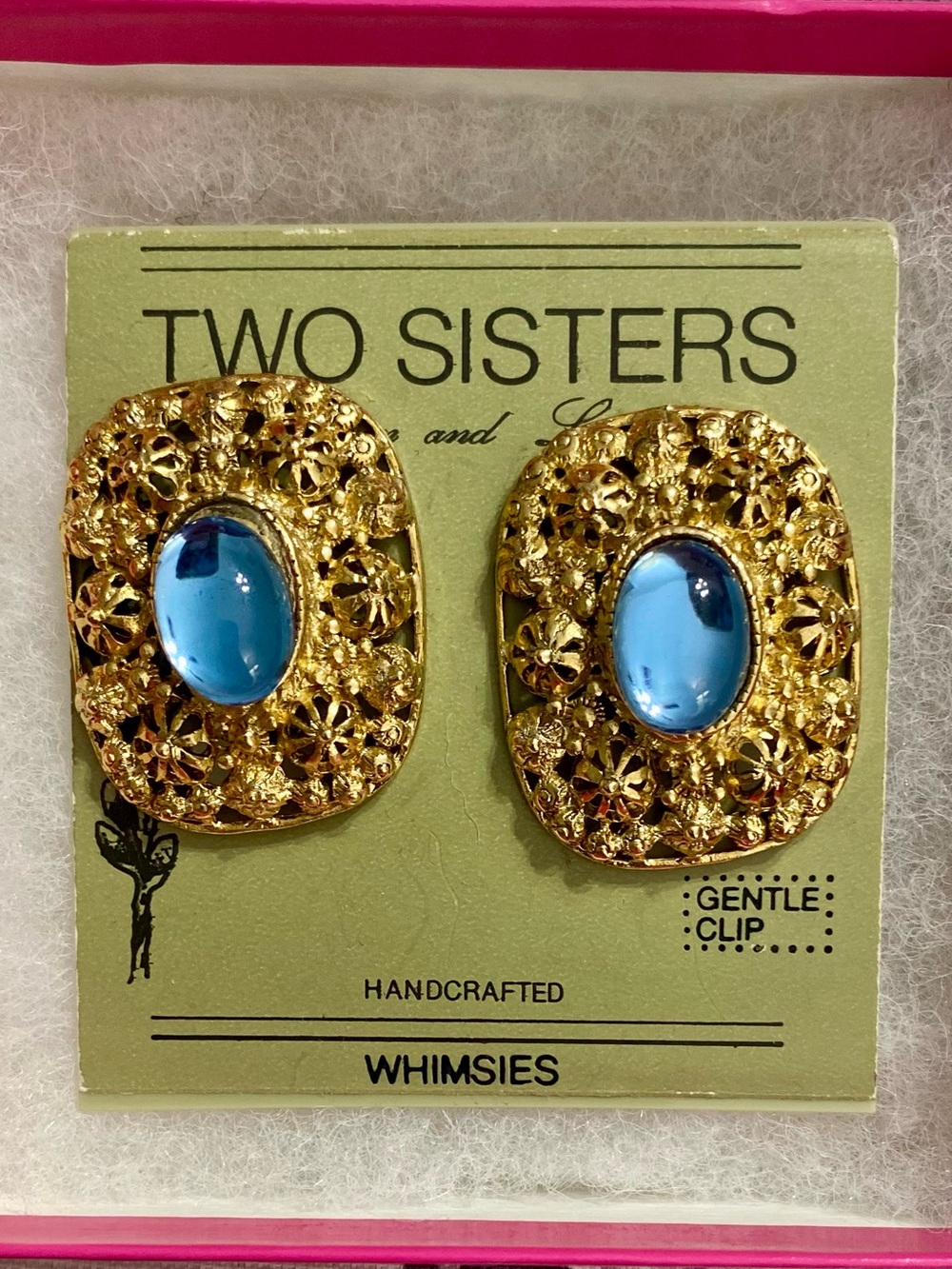 Dead Stock Gold-Tone Blue Cabochon Clip Earrings